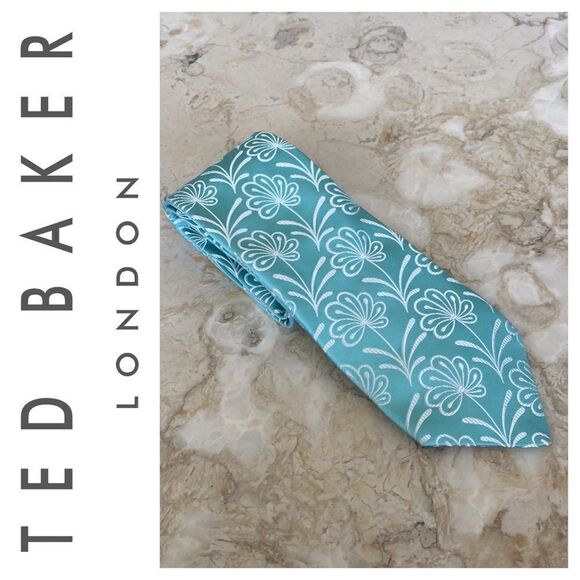 Ted Baker 100% Silk Aqua Blue & White Floral Tie - Picture 1 of 9